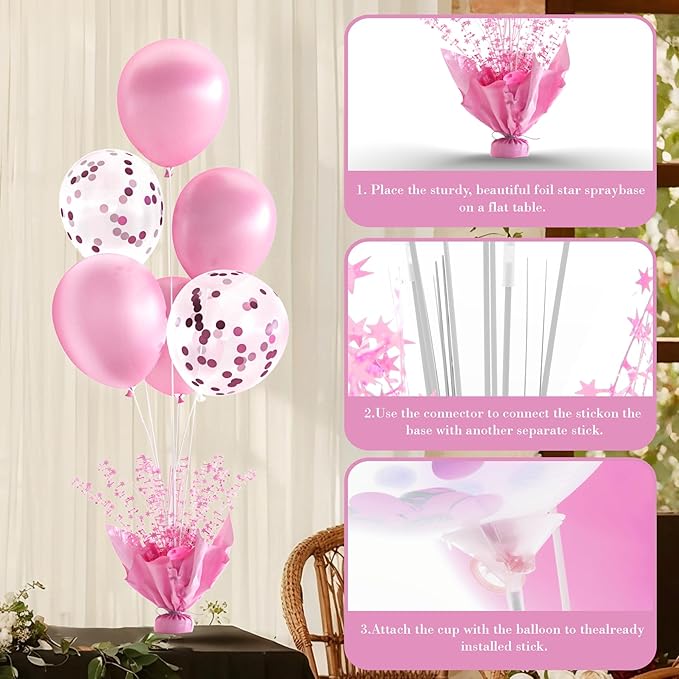 6 Set Pink Table Balloons Foil Spray Centerpiece with Pink and Confetti Balloons Stand Kit for Birthday Party Girls Baby Shower Wedding Bridal Shower Prom Graduation Table Decorations