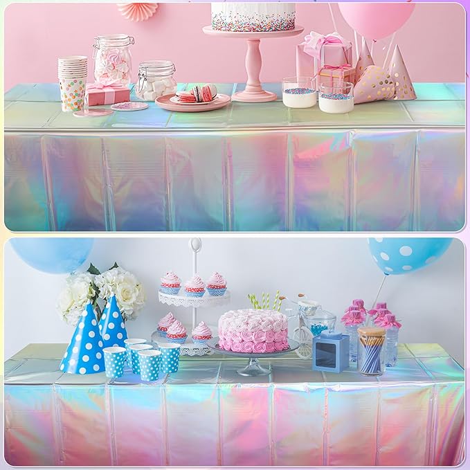6 Pack Iridescent Pastel Plastic Tablecloth, Shiny Disposable Laser Rectangle Table Covers, Holographic Foil Tablecloth Iridescent Party Decorations for Spring Easter Baby Shower Birthday, 54x108Inch