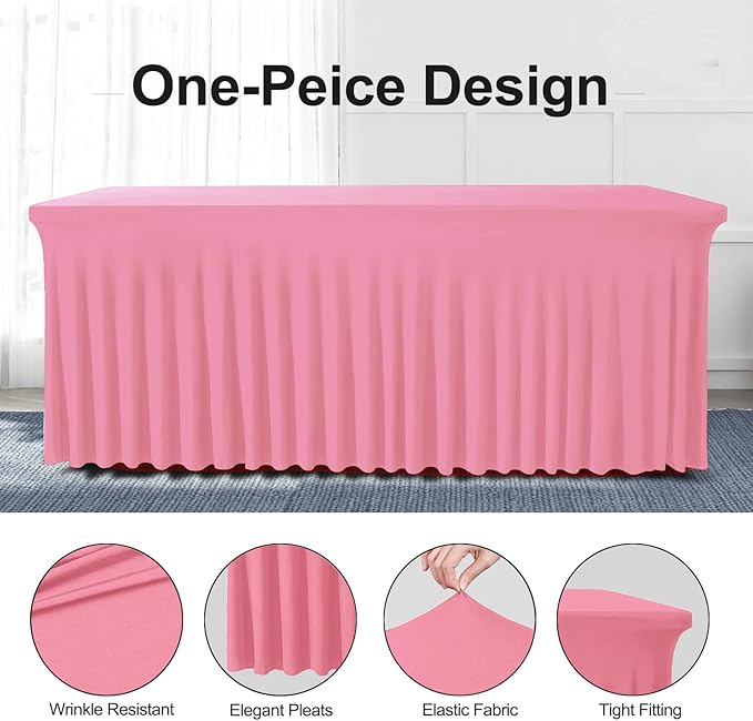 Table Skirts for Rectangle Tables 8ft - 2 Pack One-Piece Pink Tablecloths and Skirt, Wrinkle Resistant Ruffles Elastic Cover for Banquets, Weddings, Events, Parties