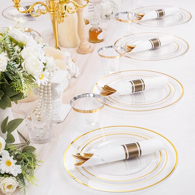 WELLIFE 350PCS Clear-Gold Plastic Plates - 100 Disposable Plates, 150Plastic Silverware, 50 Cups, 50 Napkins for Wedding & Party