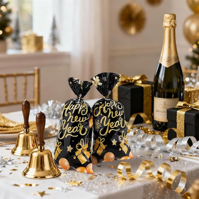 Happy New Year Cellophane Treat Bags, 200 PCS New Years Candy Goodie Gift Bags for Party Favors, Black Gold Plastic Cookie Snack Bag with Twist Ties for 2026 NYE Eve Party Holiday Decorations Supplies