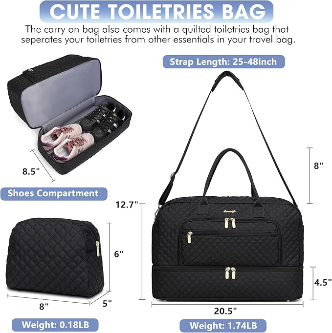 LUOCIP Large Women Travel Duffle Bag, Carry on Bag with Wet Toiletry Pocket for Overnight, Weekend, Yoga, Gym, Business Trips, Sport and Hospital, Black