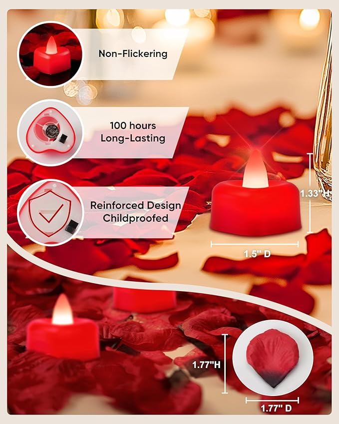 Amagic 2000 Pieces Red Artificial Rose Petals with 24 Red Heart LED Tea Lights, Rose Petals and Candles Set for Proposal, Anniversary, Romantic Night, Wedding Decor