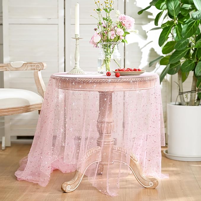 Horaldaily Pink Gold Sparkling Star Gauze Tablecloth 52x70 Inch Rectangular, Pink Star Sequin Glitter Metallic Foil, Sheer Tulle Cheesecloth for Wedding Baby Shower Party