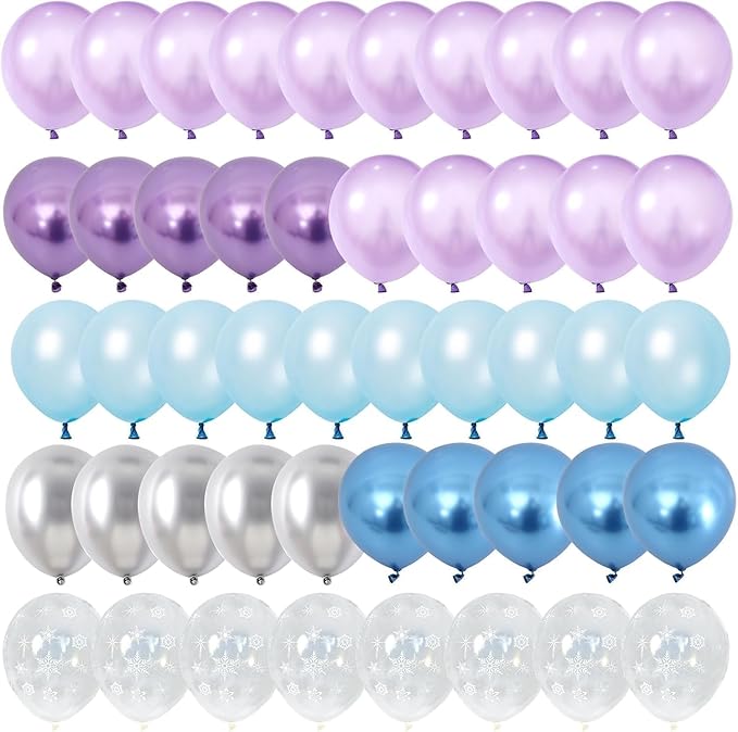 Blue Purple Silver Balloons, 60PCS Snow Balloons Metallic Purple Blue Silver Balloon with Pearl Blue Purples Snowflake Print Party Balloon for Girls Birthday Winter Snow Wonderland Party Decorations