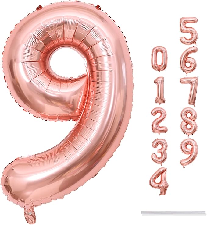 40 Inch Rose Gold Large Numbers Balloons 0-9, Self Inflating Foil Number 9 Helium Balloons for 9th Girls, Big Digit 9 Balloons for Women Birthday Party Anniversary Graduation Supplies Decorations