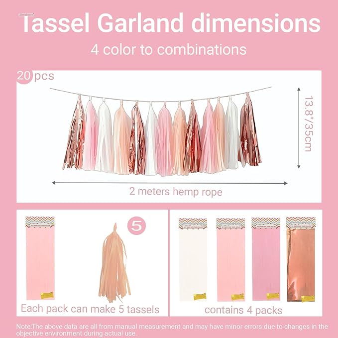 Rose Gold Peach White Pink Tassel Garland Banner, 20 Pack, Tassel Garland Party Decorations for Birthday, Boho Music Festival, Baby Shower,Bridal,Wedding