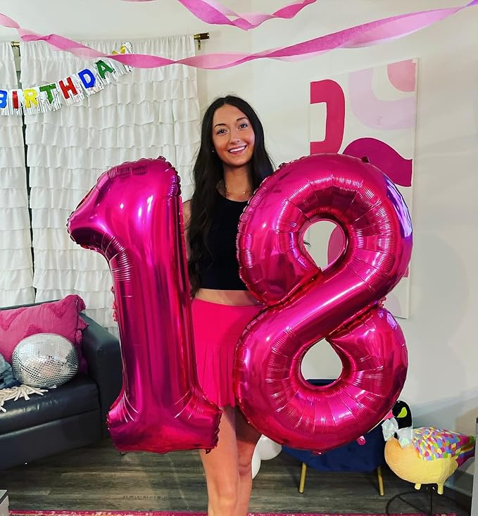 Hot Pink Number 18 Balloons 40 inch, 18 Number Balloons, 18th Birthday Decorations, 18 Year Old Women Hot Pink Party Supplies