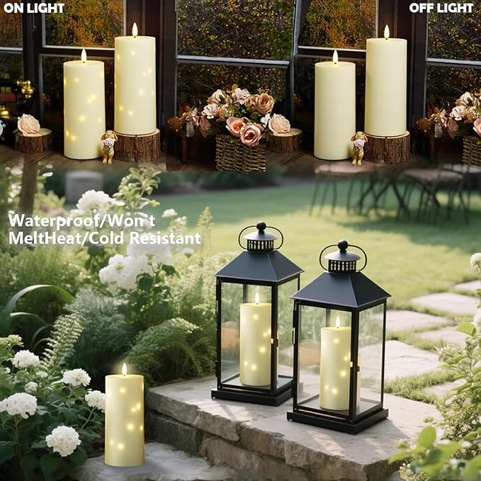 4" x 10" Large Outdoor Waterproof Flickering Flameless Candles with Timer,2Pcs Battery Operated LED Pillar Candles with Embedded Star String for Outdoor Lanterns,Porch,Patio Decor(Ivory)