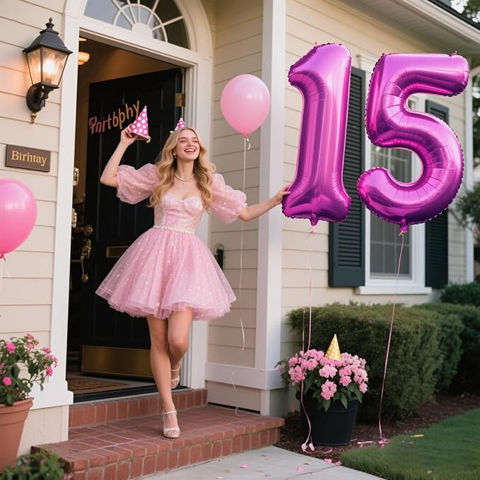 40 Inch Large 15 Balloon Numbers Rose Purple Big Foil Number Balloons Giant Helium Happy Birthday Party Decorations for Man and Women, Huge Mylar Anniversary Party Supplies