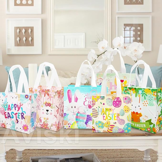 Aviski 24PCS Happy Easter Egg Hunt Bags, Assorted Sizes, Easter Bunny Carrot Chick Egg Treat Bag with Handles, Non-Woven Gifts Wrapping, Egg Hunt, Spring Party Supplies