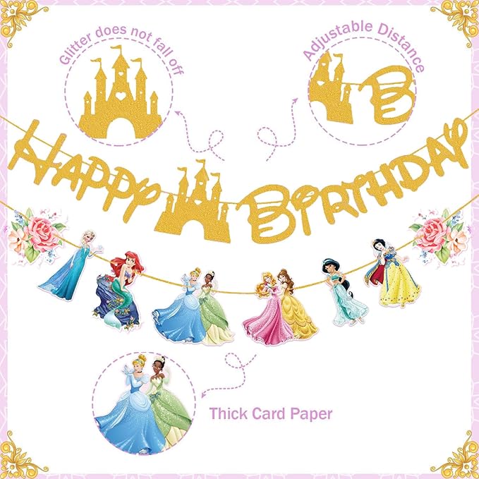 Gold Princess Birthday Banner for Girls, Princess Birthday Party Decoration For Girls Kids Party Baby Shower Decorations