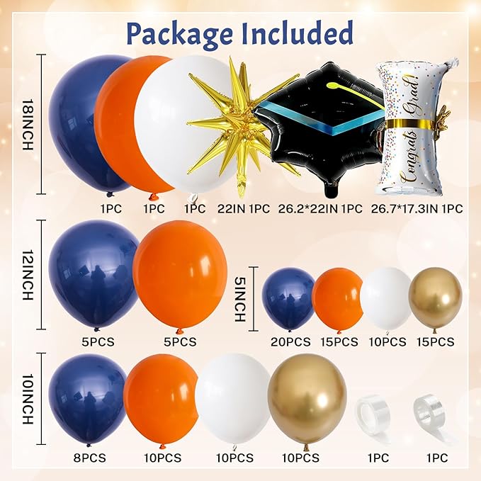 Blue and Orange Graduation Balloons Arch Garland Kit, 115 Pcs Navy Dark Blue Gold Orange Congrats Grad Balloons Class of 2025, Prom Graduation Party Decoration with Star Certificate Cap Foil Balloon