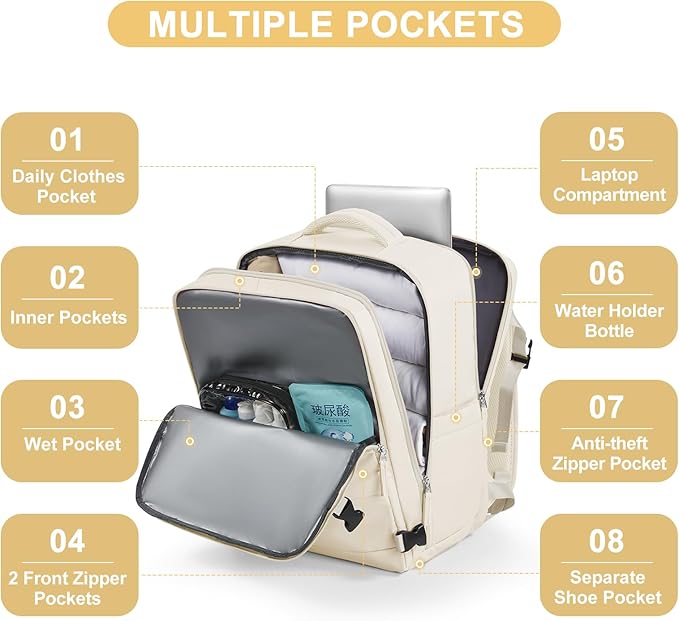 coofay Large Travel Backpack Carry on Flight Approved Mochila De Viaje Personal Item Backpack for Airlines Frontier Airlines Personal Item Bag Large Backpack for Travel Backpacks for Men Women Beige
