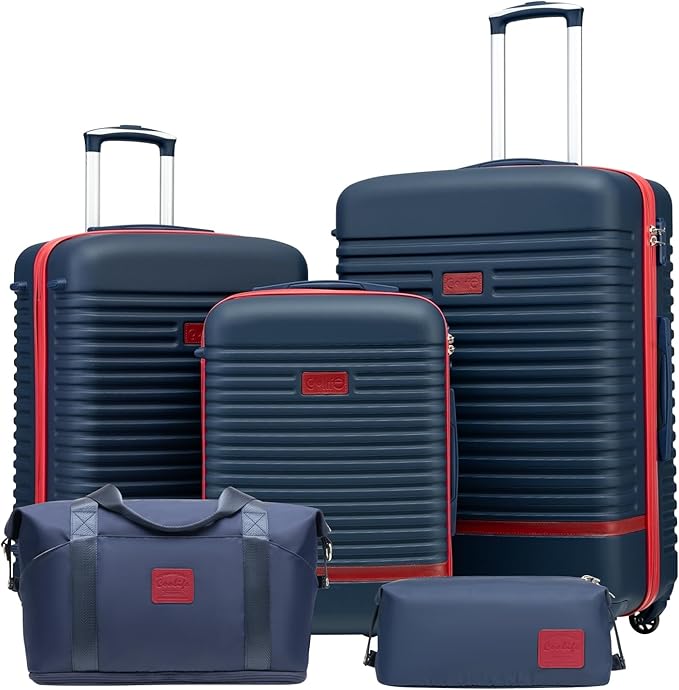 Coolife Suitcase Set 3 Piece Luggage Set Carry On Travel Luggage TSA Lock Spinner Wheels Hardshell Lightweight Luggage Set(Navy+Red, 5 piece set)