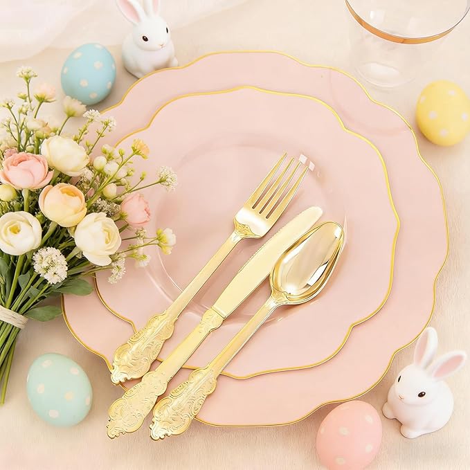 NOCCUR 175PCS Pink Plates with Gold Disposable Silverware - Include 50 Pink Plastic Plates,25 Knives,25 Forks,25 Spoons,25 Cups and 25 Napkins - Ideal for Party/Wedding/Easter Day