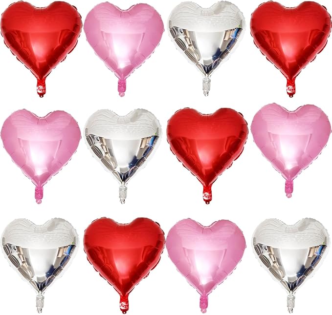 Red Heart Shaped balloons Pack of 12,18 Inch Silver Love Valentine Balloons Pink Heart Romantic Balloons For Valentines Day Propose Marriage Wedding Bridal Shower Engagement Party Decorations
