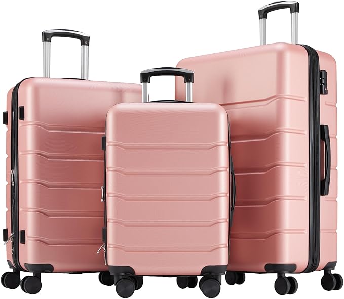 NEWBULIG Suitcases Spinner Wheels Lightweight Expandable Travel Hard Shell Luggage with TSA Lock, Pink, 3-PCS Set (20/24/28 Inch)