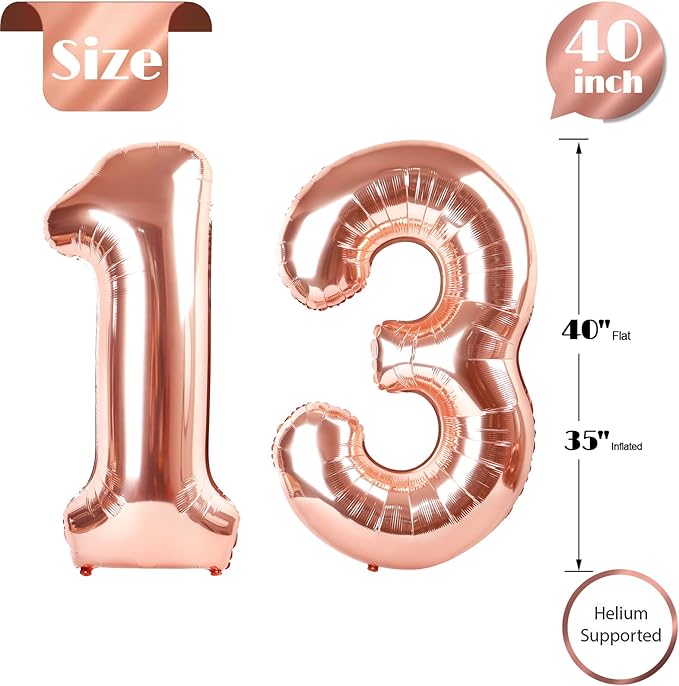 Rose Gold Number 13 Balloon 40 inch, 13 Number Balloons, 13th Birthday Decorations for Girls Boys, 13 Year Old Rose Gold Party Supplies
