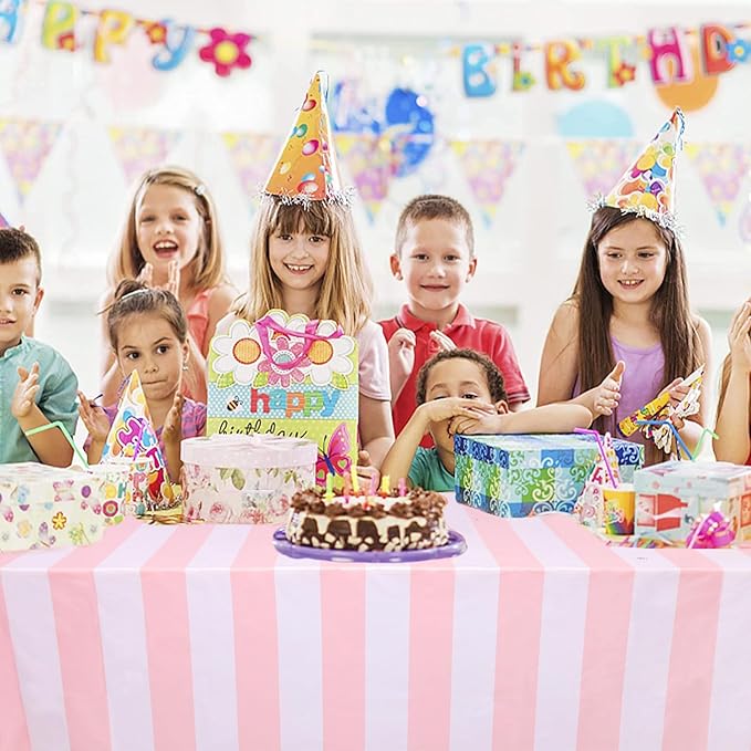 Kesfey 5 Packs Pink and White Horizontal Striped Table Cloth 54 x 108 Inches Pink Stripe Tablecloths Disposable Plastic Stripe Table Covers Waterproof Rectangle Picnic Tablecover for Birthday Party