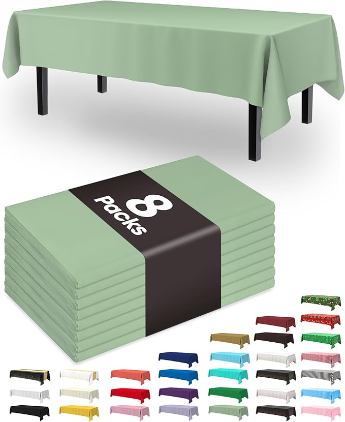 Pureegg Plastic Table Cloth Disposable 8 Pack, 54 x 108 Inch Table Cloths, Easter Party, Decorative Tablecloths, Rectangle, Light, Pastel Plastic Cover, Leakproof & Sturdy, Sage Green
