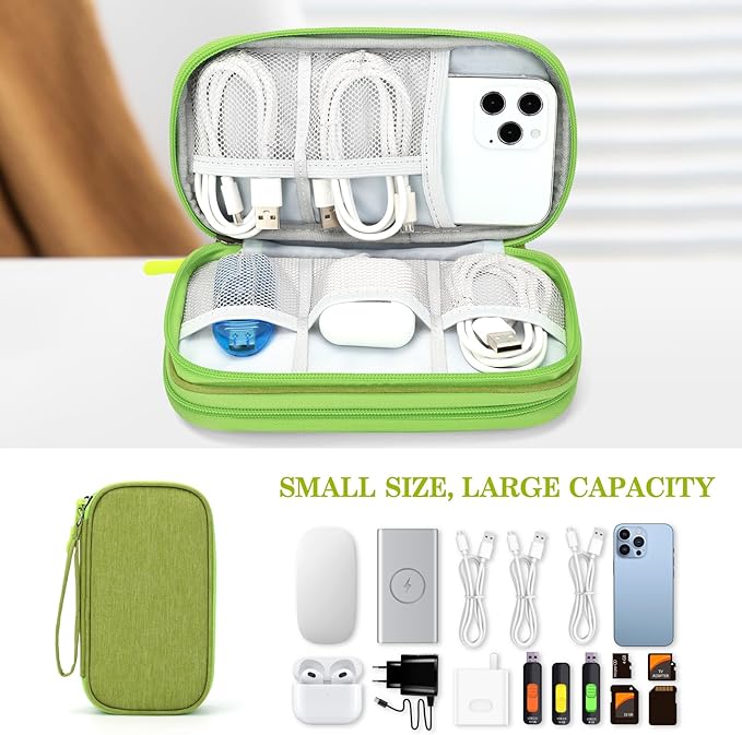 FYY Travel Cable Organizer Pouch Electronic Accessories Carry Case Portable Waterproof Double Layers All-in-One Storage Bag for Cord, Charger, Phone, Earphone Green