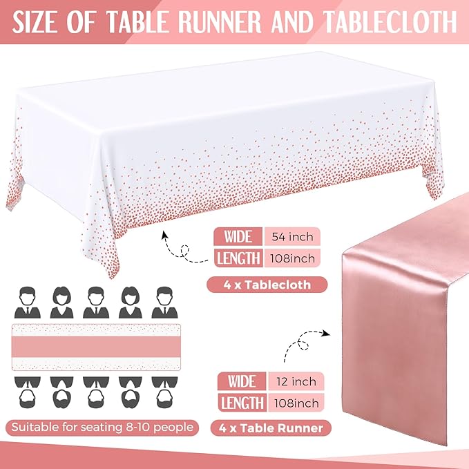 Breling 8 Pack White and Rose Gold Disposable Plastic Tablecloths and Satin Table Runner Set, 54 x 108 Inch Tablecloth, 12 x 108 Inch Table Runners for Wedding Graduation Birthday Baby Shower New Year
