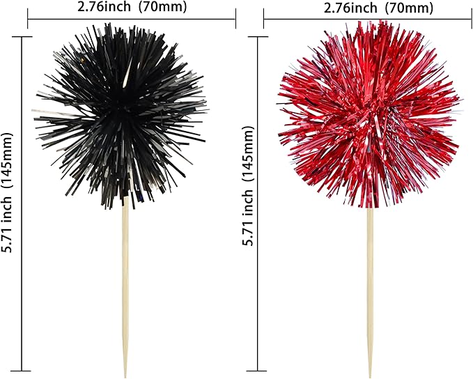 Gyufise 30Pcs Foil Firework Cupcake Toppers Sparkle Tinsel Cake Toppers Tinsel Drink Cake Decoration Cocktail Picks for Birthday Wedding Graduation Party Supplies Black Red