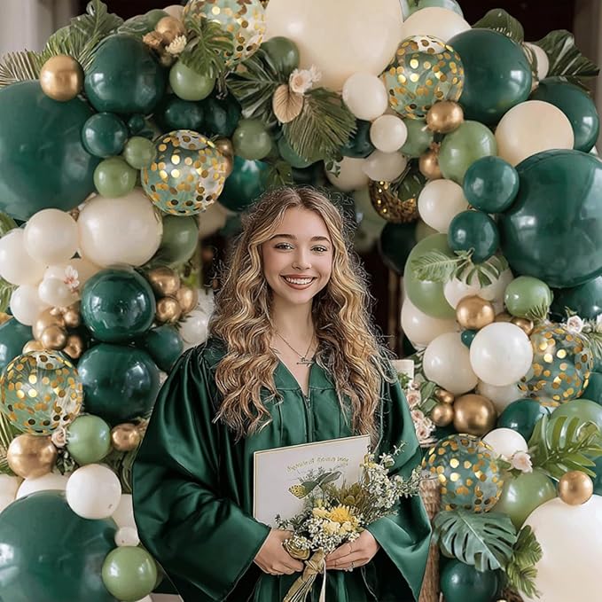Emerald Green White Gold Balloons Arch Kit,Double Stuffed Dark Green Sage Dusty Olive Green Sand White Beige Chrome Gold Confetti Balloons Garland for Birthday Wedding jungle Safari Party Decorations