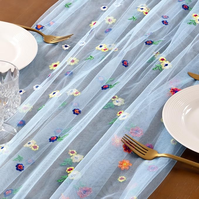 Socomi Blue Embroidery Daisy Spring Easter Floral Wildflower Tulle Gauze CheeseclothTable Runners for Wedding Party Baby Shower Birthday Holiday Picnic Home Decor 1pc