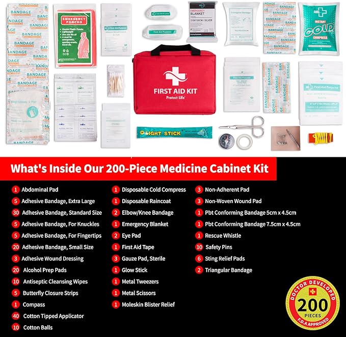 Protect Life Business First Aid Kit, Emergency First Aid Kit for Office Setting, Medical Kit Supplies, First Aid Kits for Businesses, School & Commercial Use - 200 Pieces