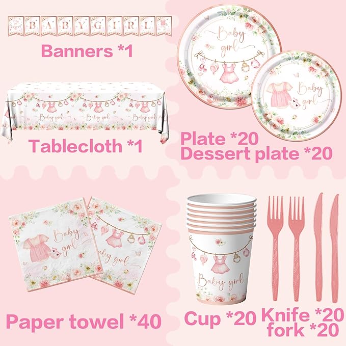 Rose Gold Baby Shower Tableware Set,Pink Girl Baby Shower Plates and Napkins Sets Include Baby Shower Plates Napkins Cups Floral Baby Girl Tablecloth for Girl Baby Shower Gender Reveal Party Supplies
