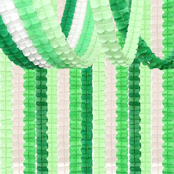 Green-White Party Decorations Streamers Garland - 157Ft Four-Leaf Clover Hanging Banner, Jungle Theme Supplies Baby Shower Spring Summer Birthday Decor Hugtmr