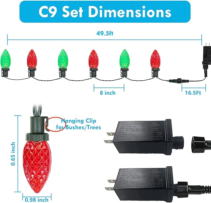 KAQ 2PK 100LED Red and Green C9 Christmas Lights Waterproof Indoor Outdoor, Extendable 98FT String Lights Plug in with 13 Lighting Modes, C9 Christmas Decorations for Party Patio, Outside Yard Decor