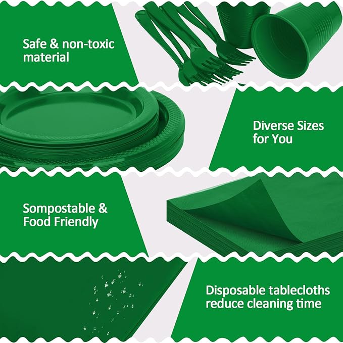 Green Plastic Plates for Party,50 Guest - 7&9inch Plates,Napkins,Forks,Cups & Tablecloths,Disposable Party Supplies for Birthday,Picnic,Christmas,Summer Activities