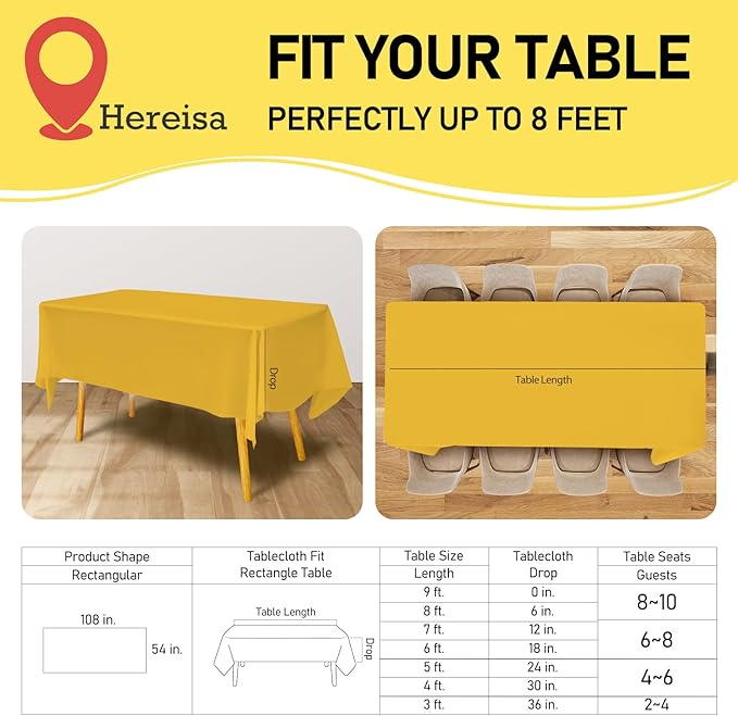 Yellow Plastic Tablecloths 2 Pack Solid Disposable Table 54 x 108 Inch Bridal Party Tablecovers PEVA Table Cloths for Picnic Birthday Wedding Banquet Parties 8 ft Rectangle Table Use