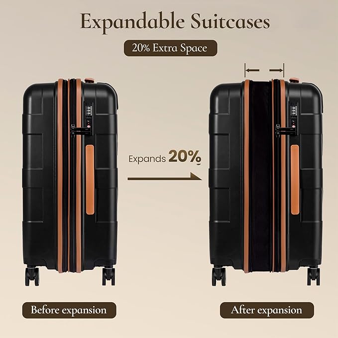 TILYMOL Luggage Sets 5 Piece - Expandable Suitcase Set with TSA Lock & Spinner Wheels, Lightweight PP Hardshell Travel Luggage for Men Women, Black