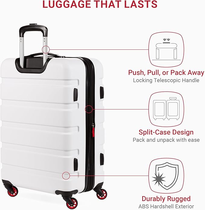 SwissGear 7366 Signature Hardside Expandable Luggage with Spinner Wheels, TSA Lock, White, Checked-Medium 23-Inch