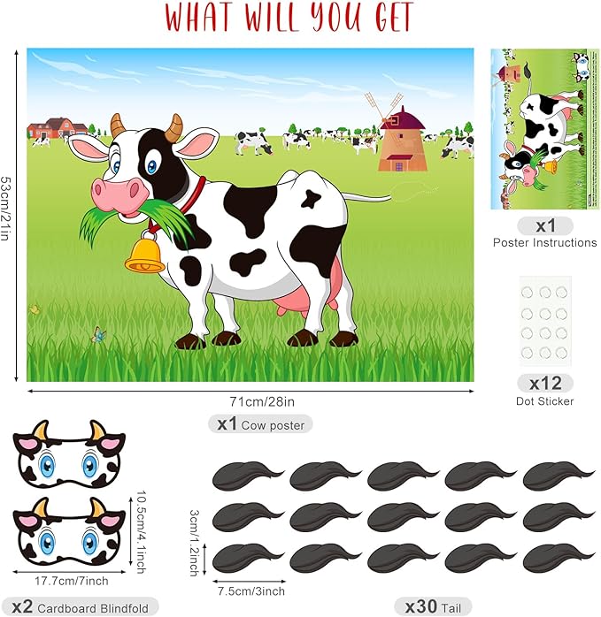 ASTARON Pin The Tail on The Cow Game with 30 Tail Stickers for Farm Birthday Supplies Pin Game, Boys Girls Animal Party Favors Christmas Decorations Home Wall Decor