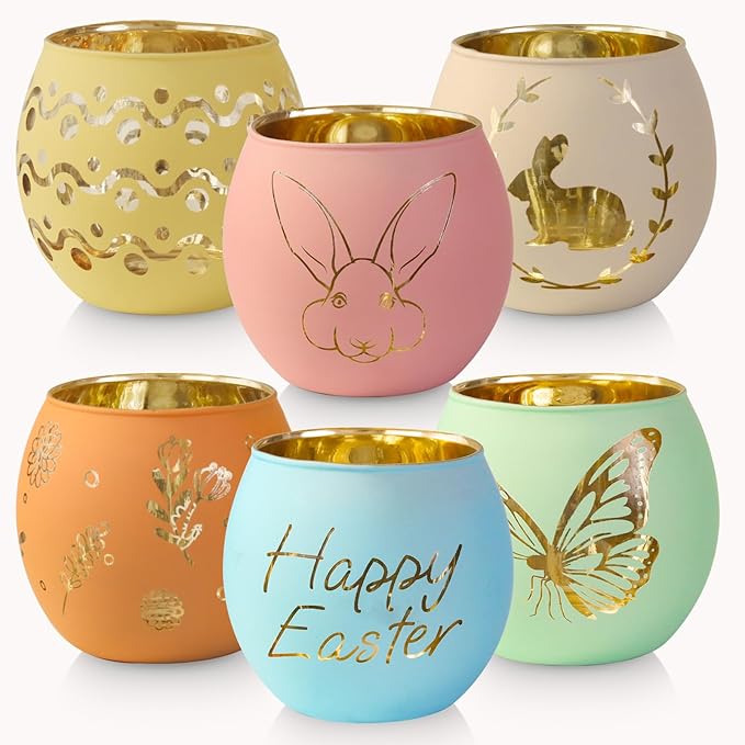 SHMILMH Easter Table Decorations 6PCS Glass Votive Tealight Candle Holders, Indoor Centerpiece Decorations, Women Adult Easter Gifts