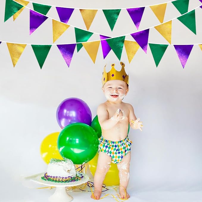Mardi Gras Party Decorations Purple Green and Gold Metallic Fabric Triangle Pennant Banner Flag Hanging Bunting Garland for Birthday Wedding Baby Shower Bridal Shower Holiday Masquerade Party Supplies