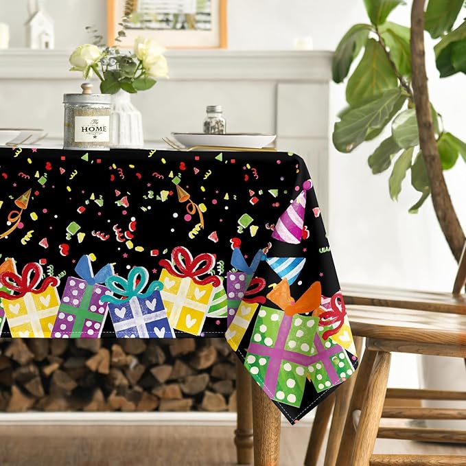 Horaldaily Birthday Tablecloth 60x84 Inch Rectangular, Happy Birthday Ballon Black Washable Seasonal Table Cover for Party Picnic Dinner Decor