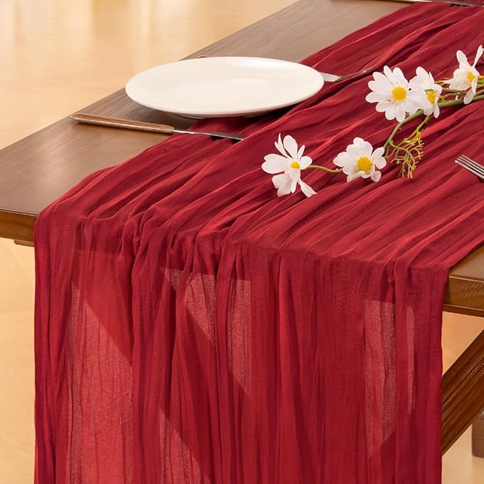 Socomi 10pcs Red Cheesecloth Table Runner Boho Rustic Gauze 120 inch 10FT Cheese Cloth Runner for Wedding Party Baby Shower Birthday Home Decor Holiday Decorations