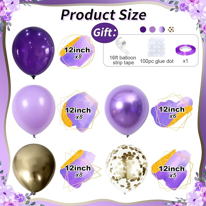 Purple and Gold Balloons, 12 Inch 35PCS Dark Pastel Purple Lavender Balloons with Metallic Gold Confetti Balloon for Girls Women Wedding Baby Shower Butterfly Princess Theme Birthday Party Decorations