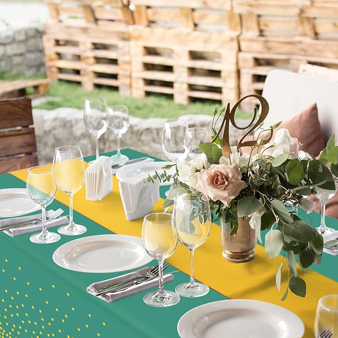 8Pack Disposable Plastic Party Tablecloths and Satin Table Runner Set Green and Gold Dot Table Cloth Gold Satin Table Runner for Wedding Birthday Baby Shower Anniversary Holiday Party Decorations