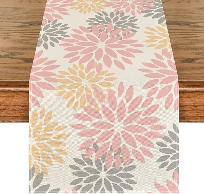 Artoid Mode Pink Dahlia Floral Pinnata Summer Table Runner, Spring Kitchen Dining Table Decoration for Home Party Decor 13x72 Inch