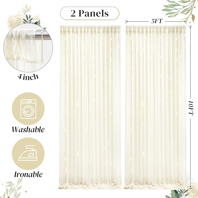 10ft x 10ft Ivory Backdrop Curtain with Lights String for Parties, Sheer Tulle Wedding Photo Backdrops Drapes for Baby Shower Birthday Party Decorations Background for Photography