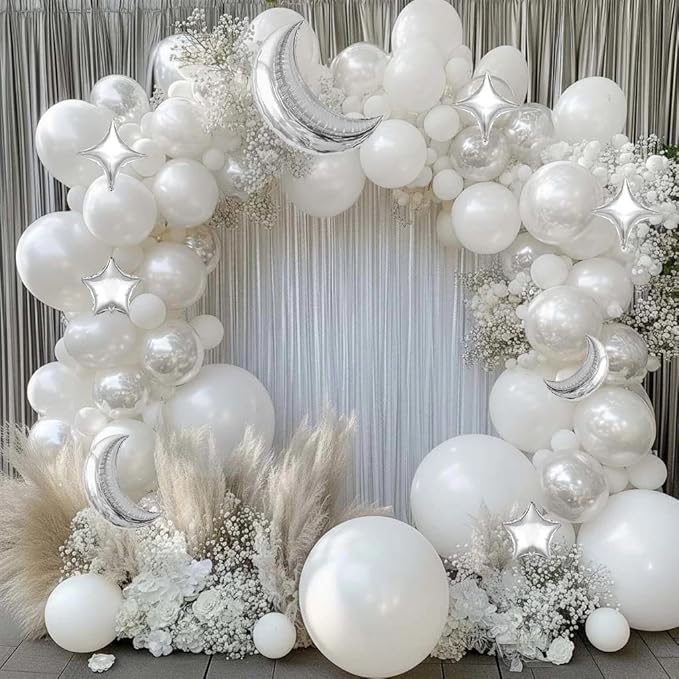 White Balloons Arch Double Stuffed Pearl White Star Moon Balloon Garland Different Sizes Cream Ivory Balloons for Birthday Baptism Bridal Baby Shower Christmas Wedding Prom Galaxy Party Decorations
