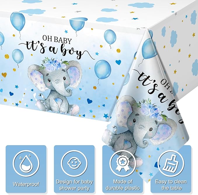 6 Pack Elephant Tablecloth Decorations, Plastic Tablecloth Table Cover Backdrop for Baby Boy Girl Gender Baby Shower Party Supplies, 54 x 108 Inch, Blue
