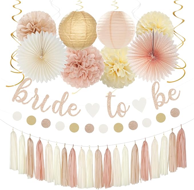 Champagne-Gold Beige Fall Bridal-Shower Party-Decorations - 36pcs Bride To Be Banner,Bachelorette Paper Lanterns,Wedding Streamers Garland,Boho Peach Tissue Pom Poms Flower Fan Decor Supplies Burgleda